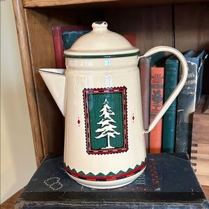 VINTAGE Enamel Cream Christmas Pine Tree Coffee Pot Pitcher